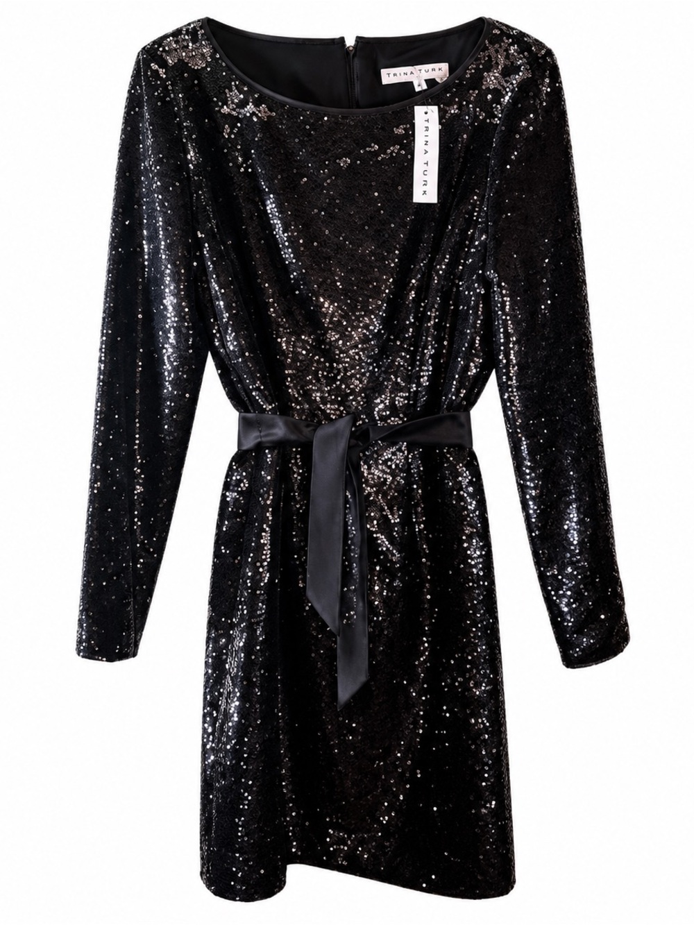 Trina Turk Black Sequin Belted Mini Dress Long Sleeve NWT